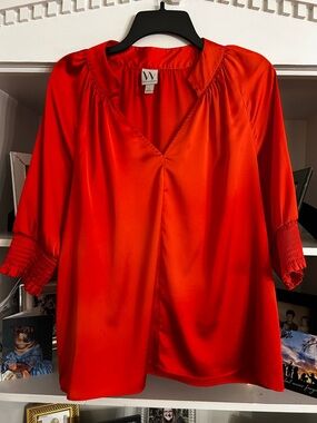 Worthington Satin V-Neck Blouse with Smocked Sleeves